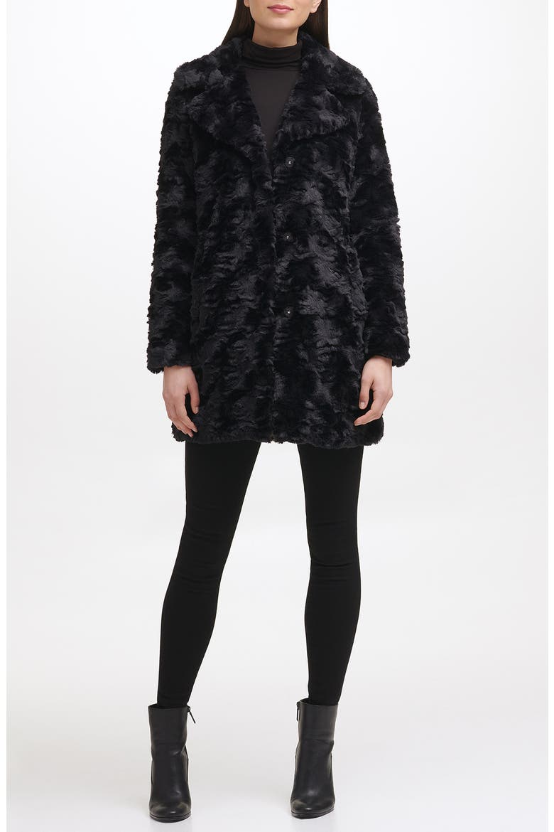 Notch Collar Faux Fur Coat, Alternate, color, BLACK