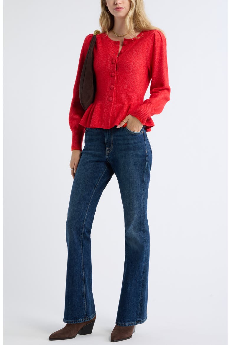 Peplum Cardigan, Alternate, color, RED SALSA