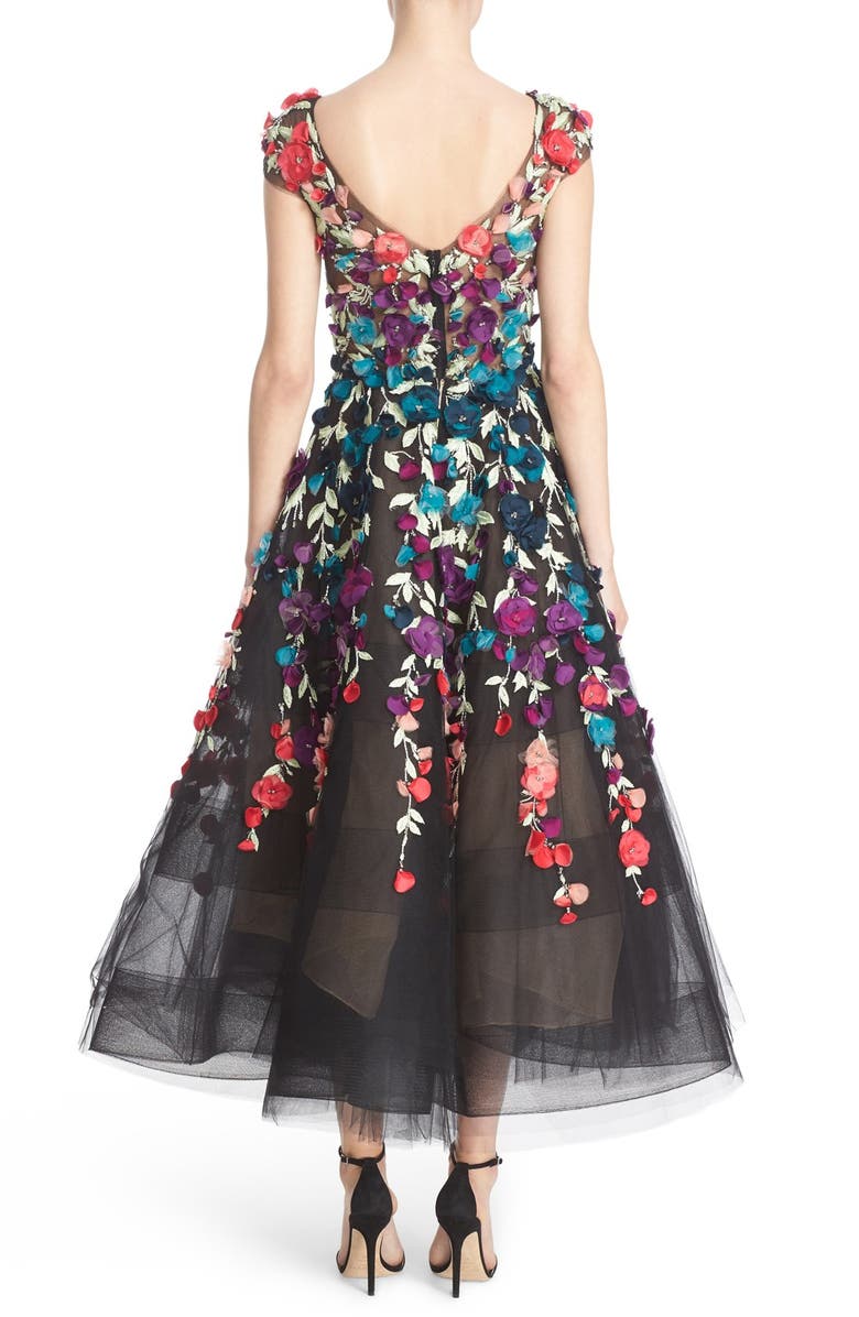 Marchesa Plunging V-Neck 3D Embellished Tulle Midi Dress, Alternate, color,