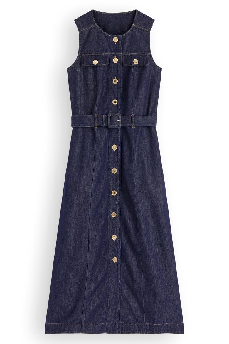 Belted Sleeveless Denim Midi Dress, Alternate, color, INDIGO