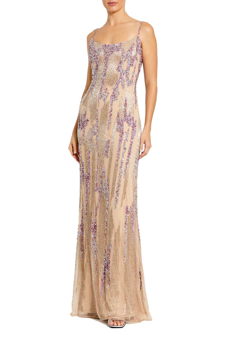 Thin Strap Sequin Mesh Column Gown, Main, color, Nude
