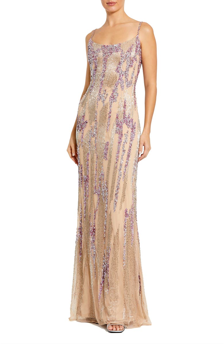 Mac Duggal Thin Strap Sequin Mesh Column Gown, Main, color, Nude