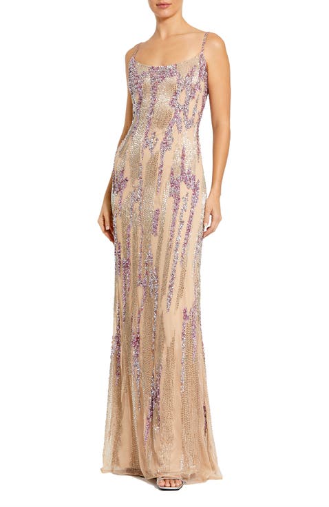 Thin Strap Sequin Mesh Column Gown