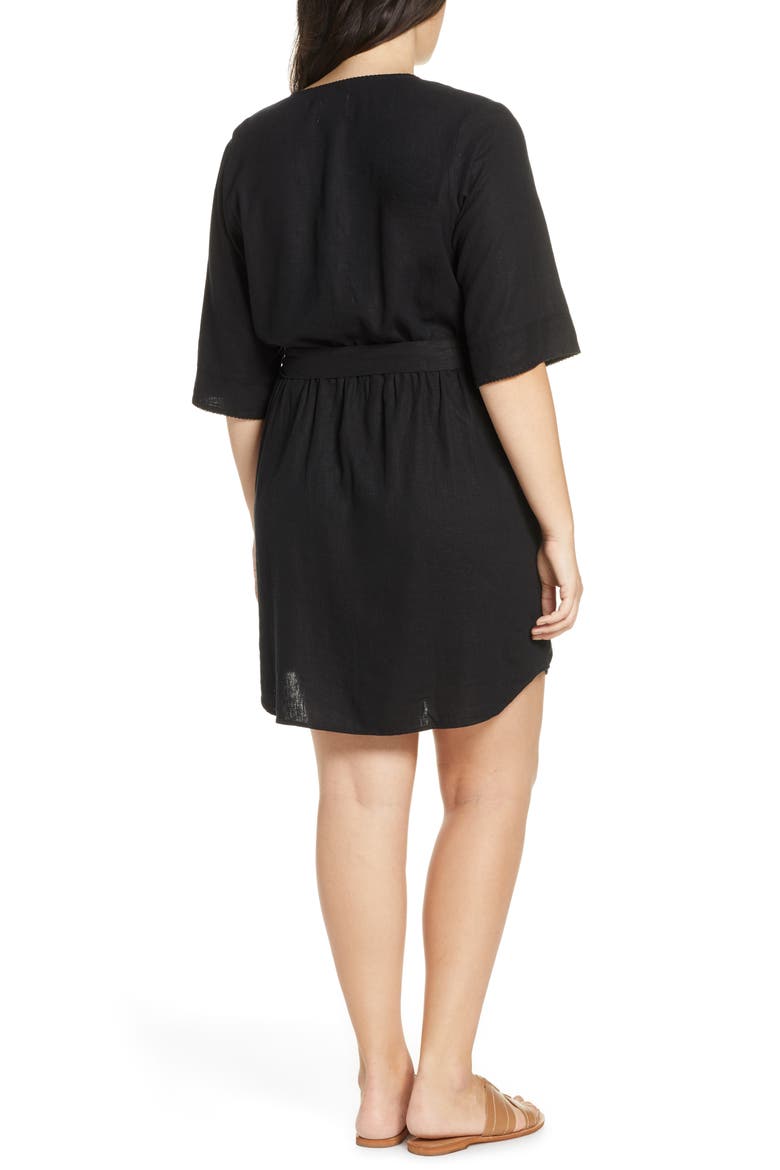 Linen Blend Faux Wrap Dress, Alternate, color, BLACK