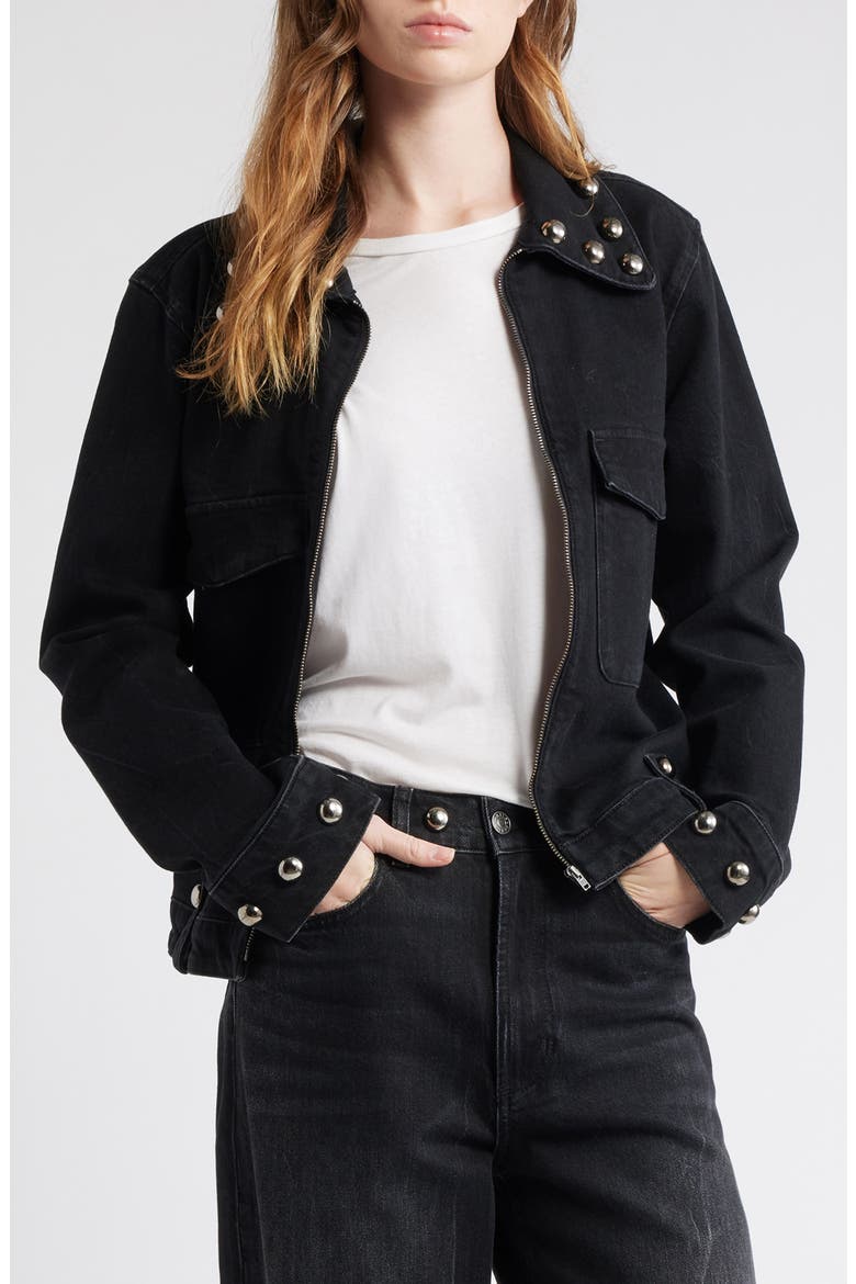 Roxbury Stud Detail Denim Jacket, Main, color, BLACK STONE STUDDED