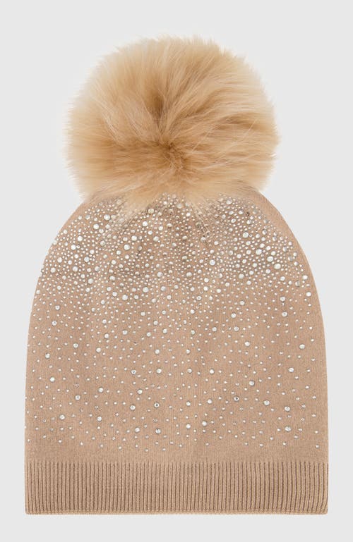 Lyla Grant Knit Beanie Hat With Fur-free Fox (faux Fur) Pompom In Brown
