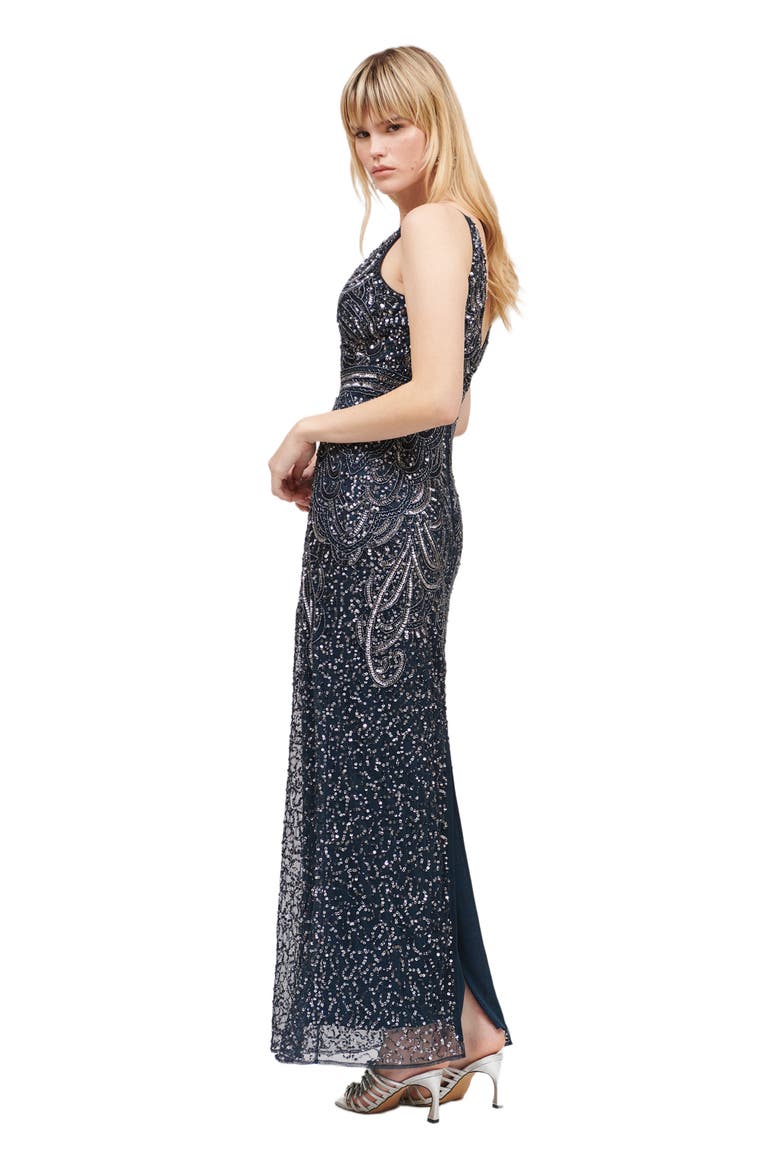 Occasion Embellished Sequin Beaded V Neck Evening Gown, Alternate, color, NAVY