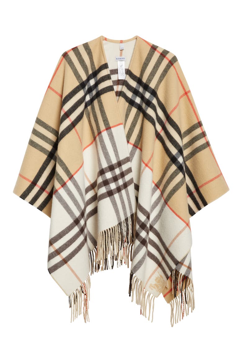 EKD Check Double Face Cashmere & Wool Fringe Cape, Alternate, color, SAND/ PEBBLE WHITE
