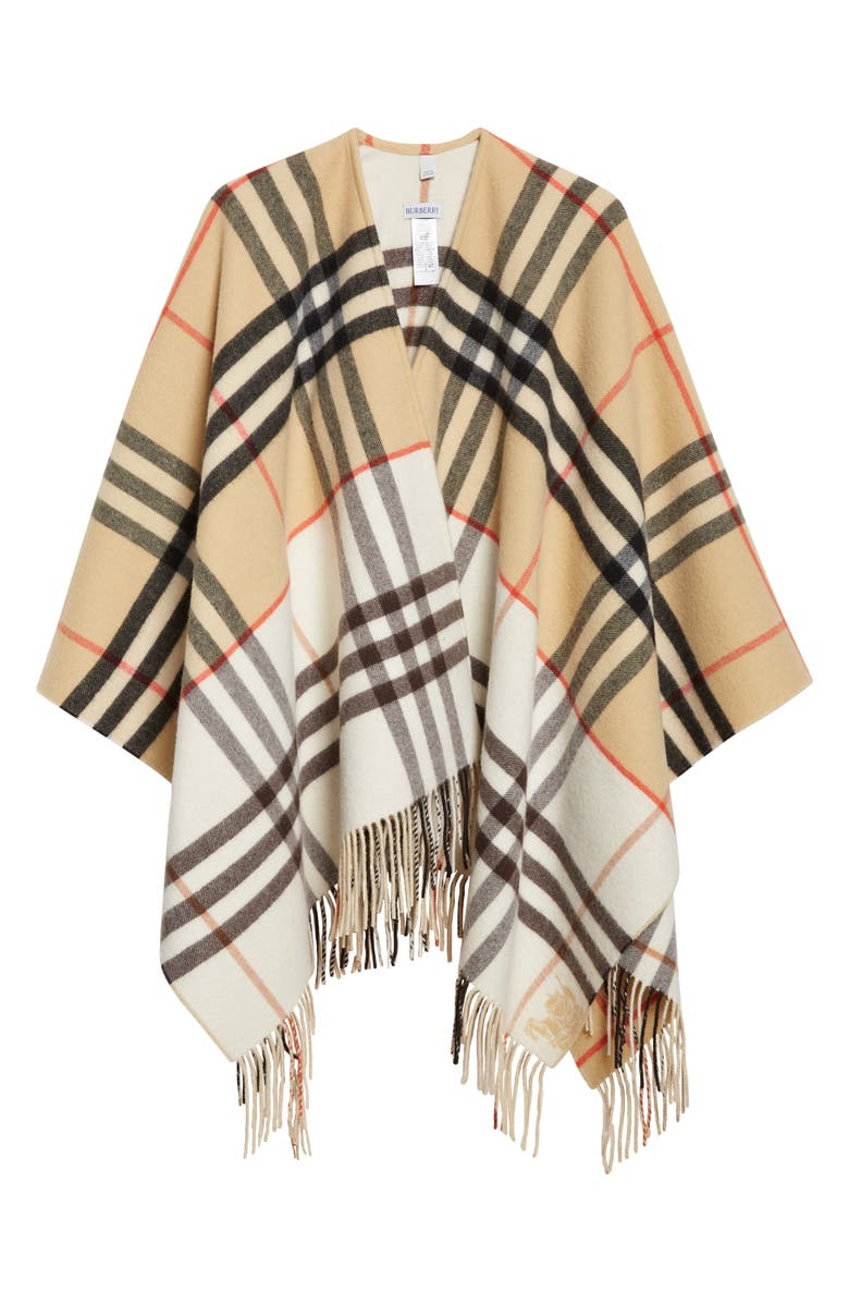 Burberry EKD Check Double Face Cashmere & Wool Fringe Cape, Main, color, Sand/ Pebble White