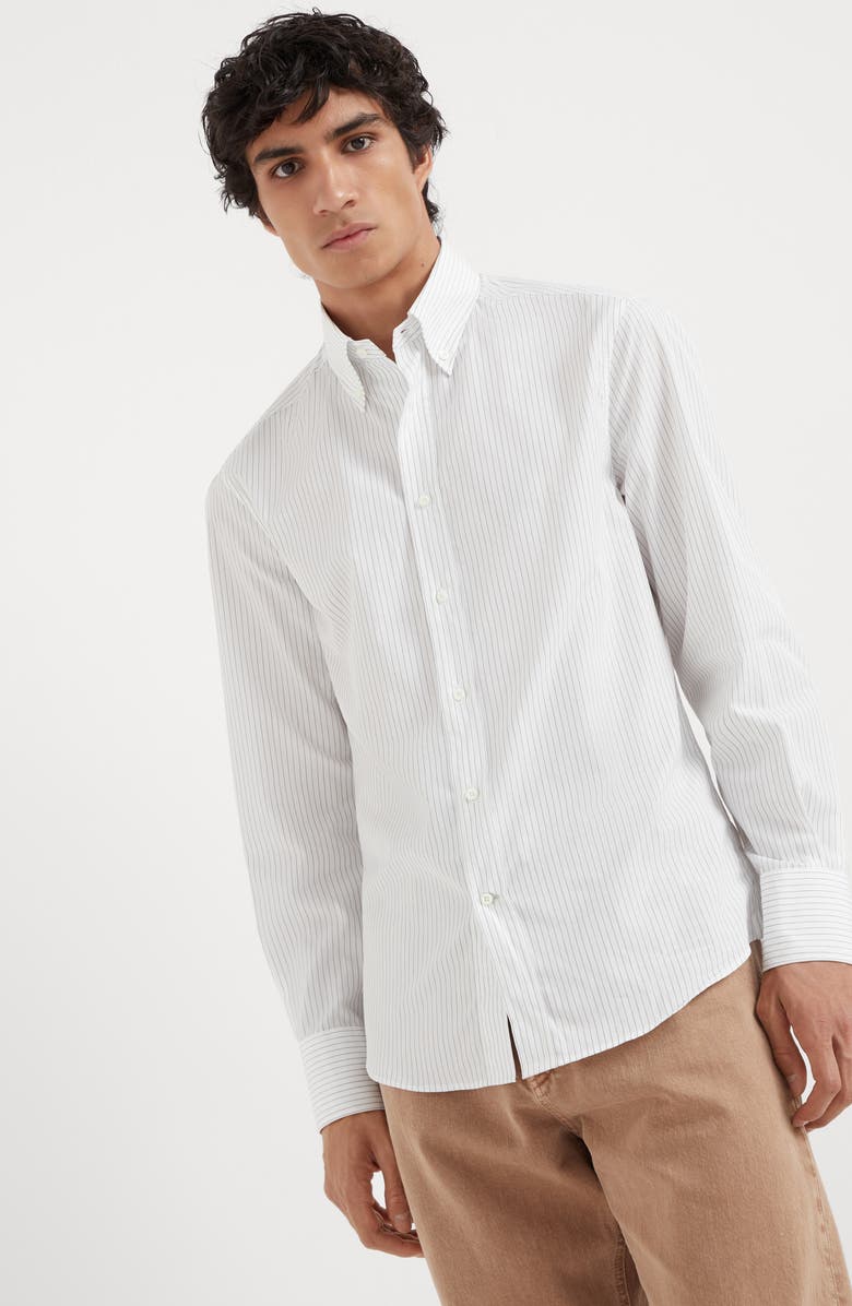 Brunello Cucinelli Pinstripe slim fit shirt with button-down collar, Alternate, color,