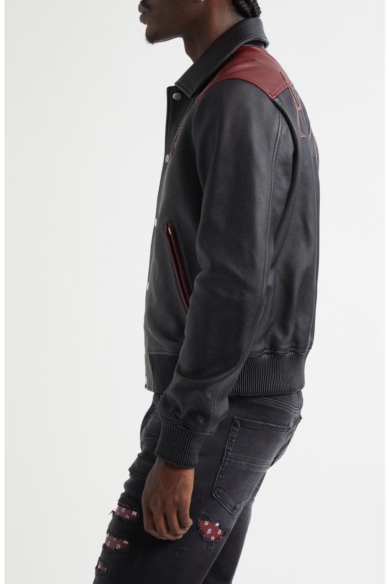 Colorblock Staggered Logo Leather Jacket, Alternate, color, BLACK
