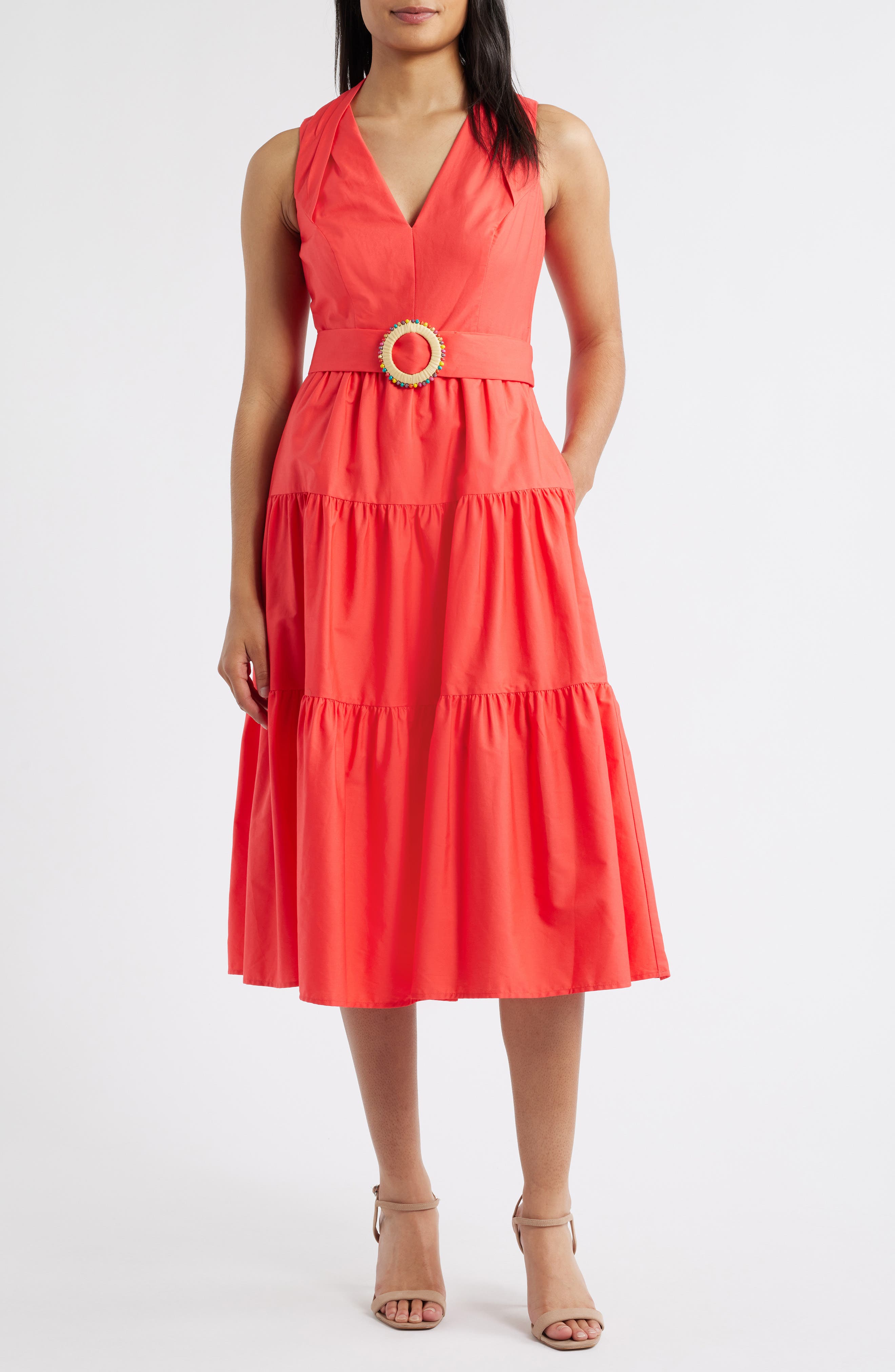 Vince Camuto Sleeveless Belted Tiered Cotton Midi Dress