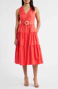 Vince Camuto Sleeveless Belted Tiered Cotton Midi Dress