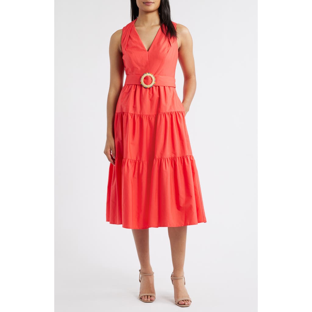 Vince Camuto Sleeveless Belted Tiered Cotton Midi Dress In Orange