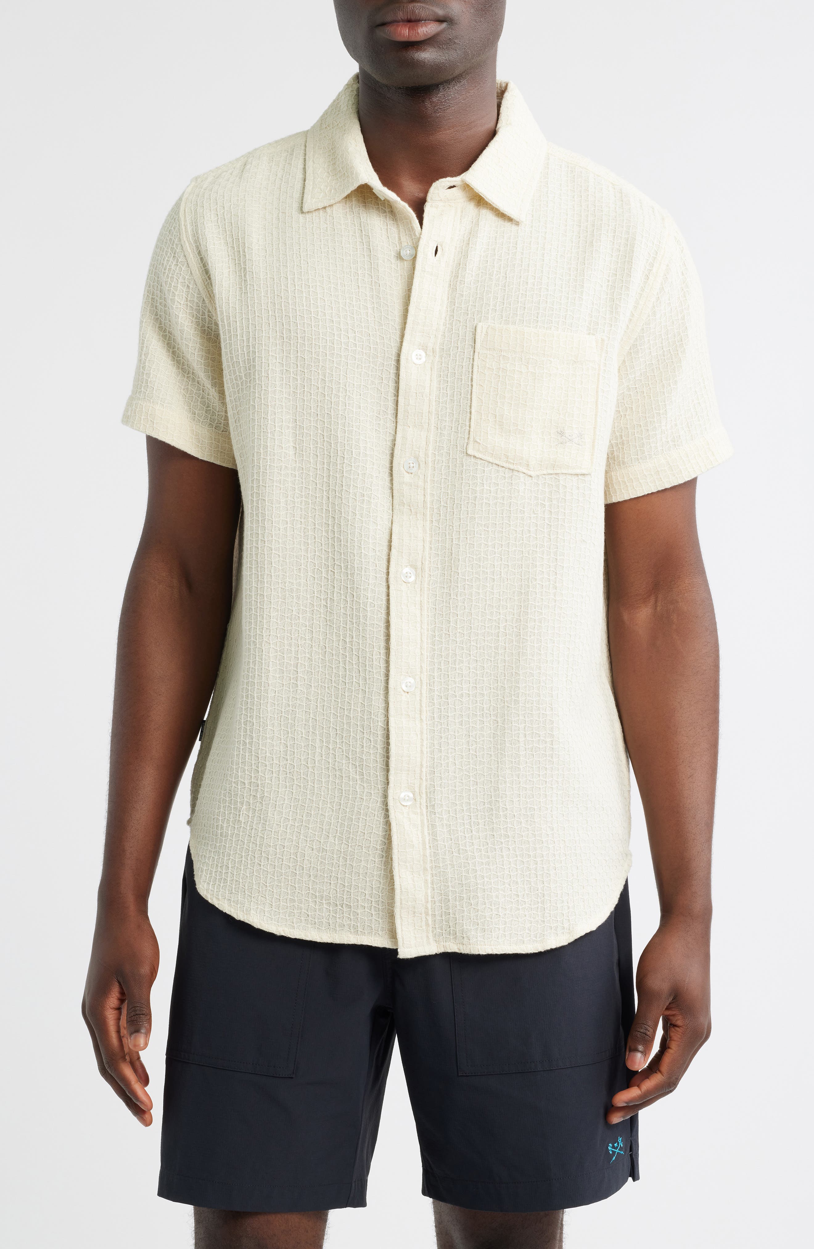 Textured Short Sleeve Cotton Button-Up Shirt - image 5