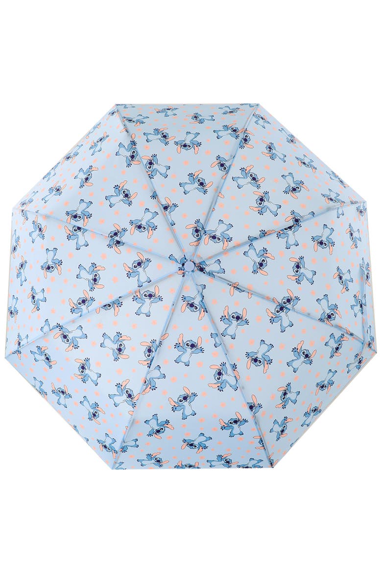 Stitch Hands Up Floral Print Compact Umbrella Officially Licensed, Alternate, color, BLUE