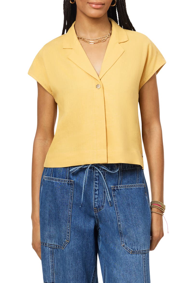 Short Sleeve Linen Blend Button-Up Top, Main, color, OCHRE