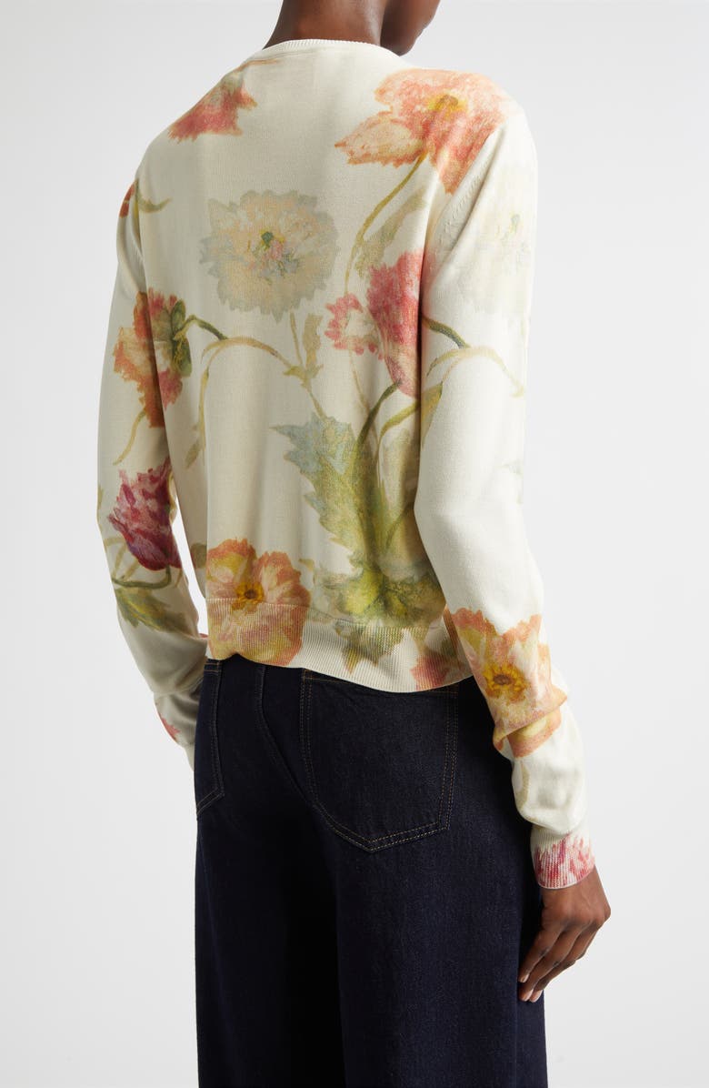 Carolina Herrera Poppy Print Silk & Cotton Cardigan, Alternate, color, Almond Multi