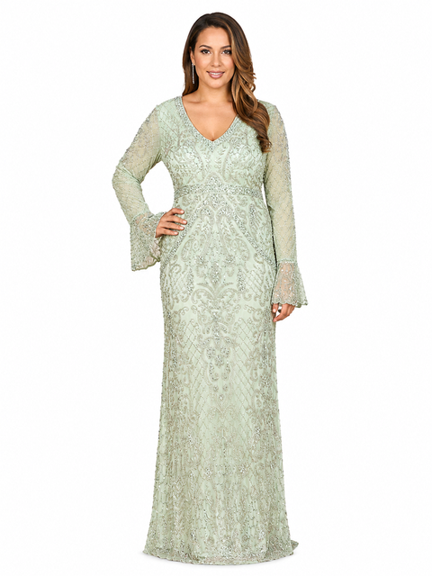 Long Bell Sleeve V-Neck Beaded Gown