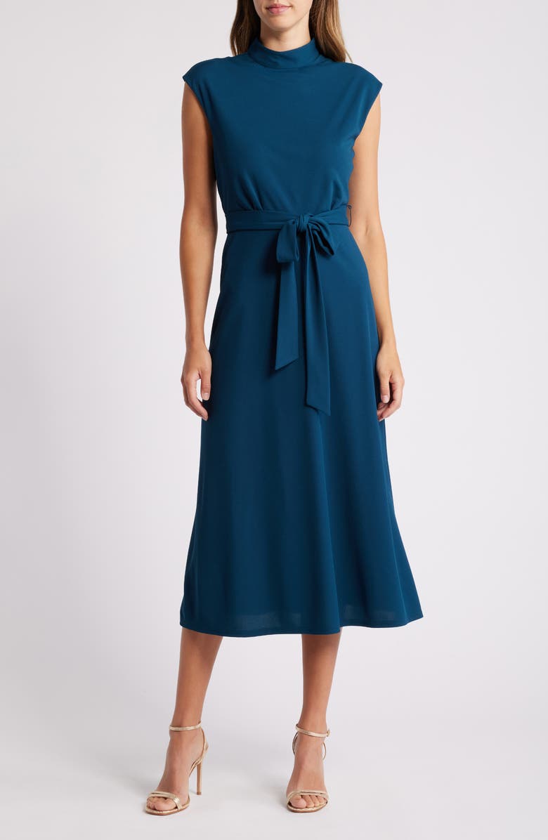 Tahari ASL Mock Neck Front Tie Midi Dress, Main, color,