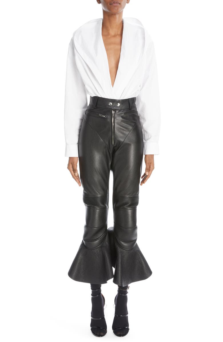 Alaïa High Waist Ruffle Leather Moto Pants, Alternate, color, 