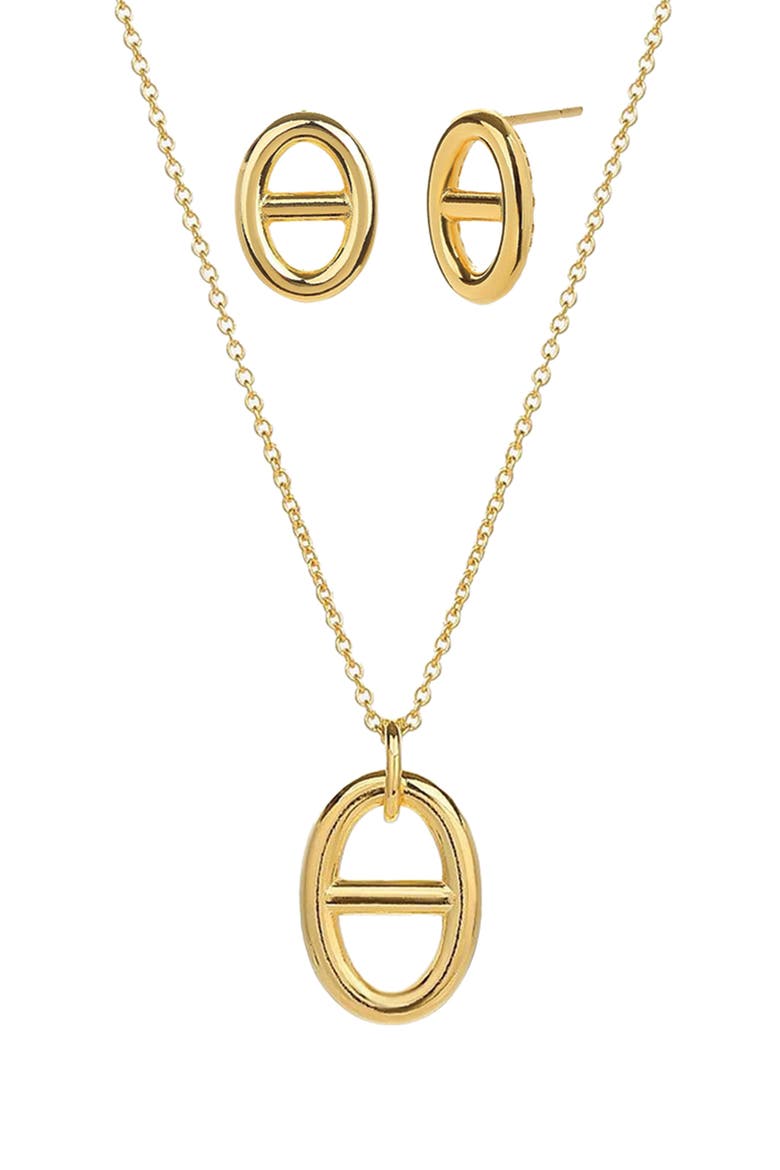 Sterling Silver 18k Gold Plated Erin Circle Necklace & Earring Set Dainty, Main, color, Gold