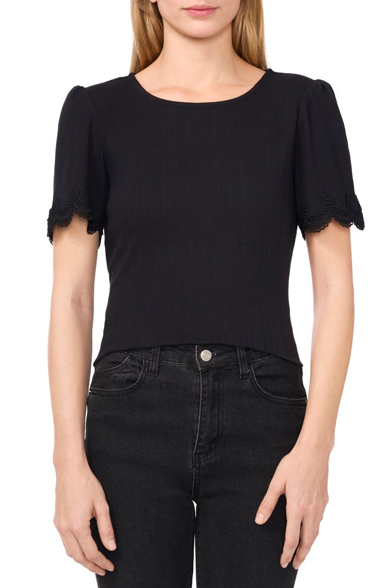 Pointelle Stitch Scalloped Cuff Cotton Blend Top, Main, color, RICH BLACK