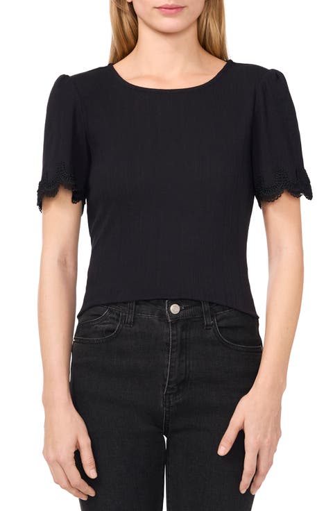 Pointelle Stitch Scalloped Cuff Cotton Blend Top