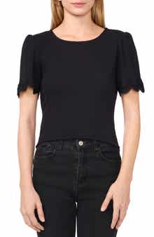 CeCe Pointelle Stitch Scalloped Cuff Cotton Blend Top