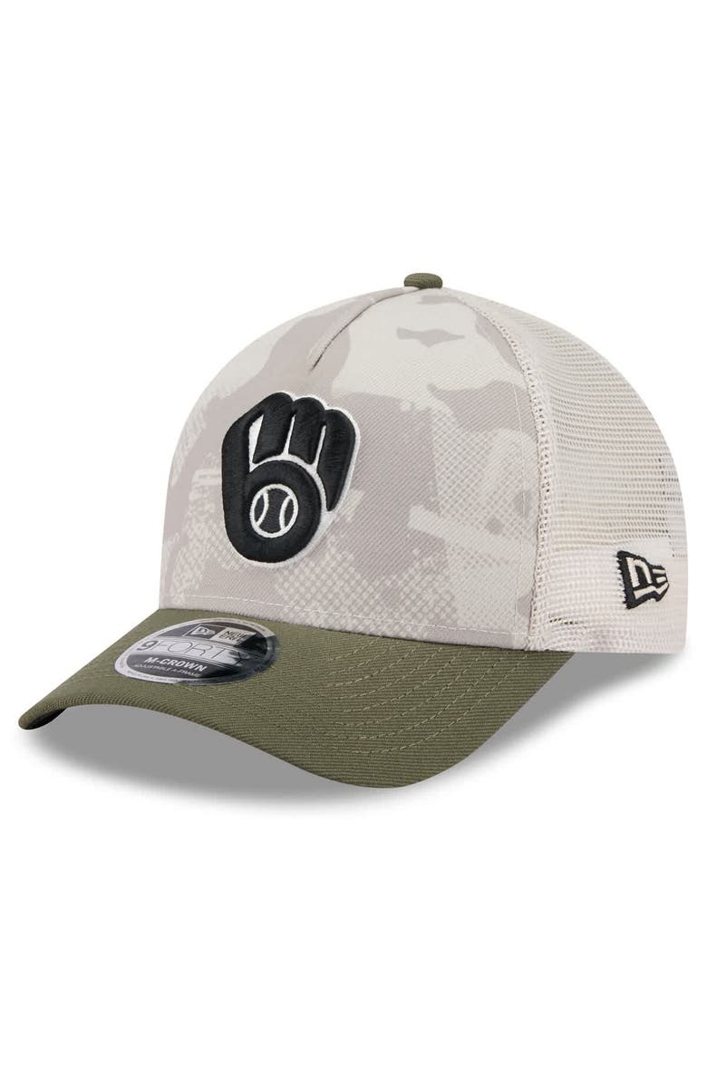 New Era Men's New Era Light Beige/Olive Milwaukee Brewers 2025 Armed Forces Day 9FORTY M-Crown A-Frame Adjustable Hat, Alternate, color, 