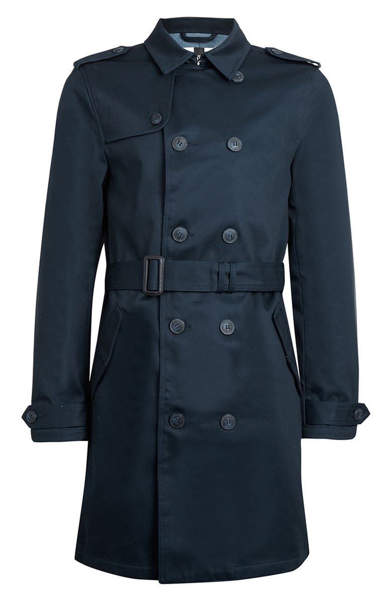 Topman Navy Bonded Twill Trench Coat, Alternate, color,