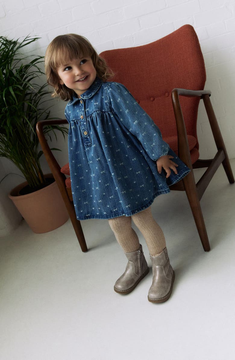 NEXT Kids' Bow Long Sleeve Denim Dress, Alternate, color, Blue