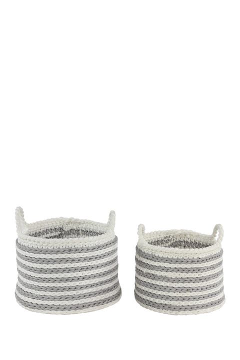 Large Round Striped Gray Mesh & White Cotton Rope Storage Basket - Set of 2