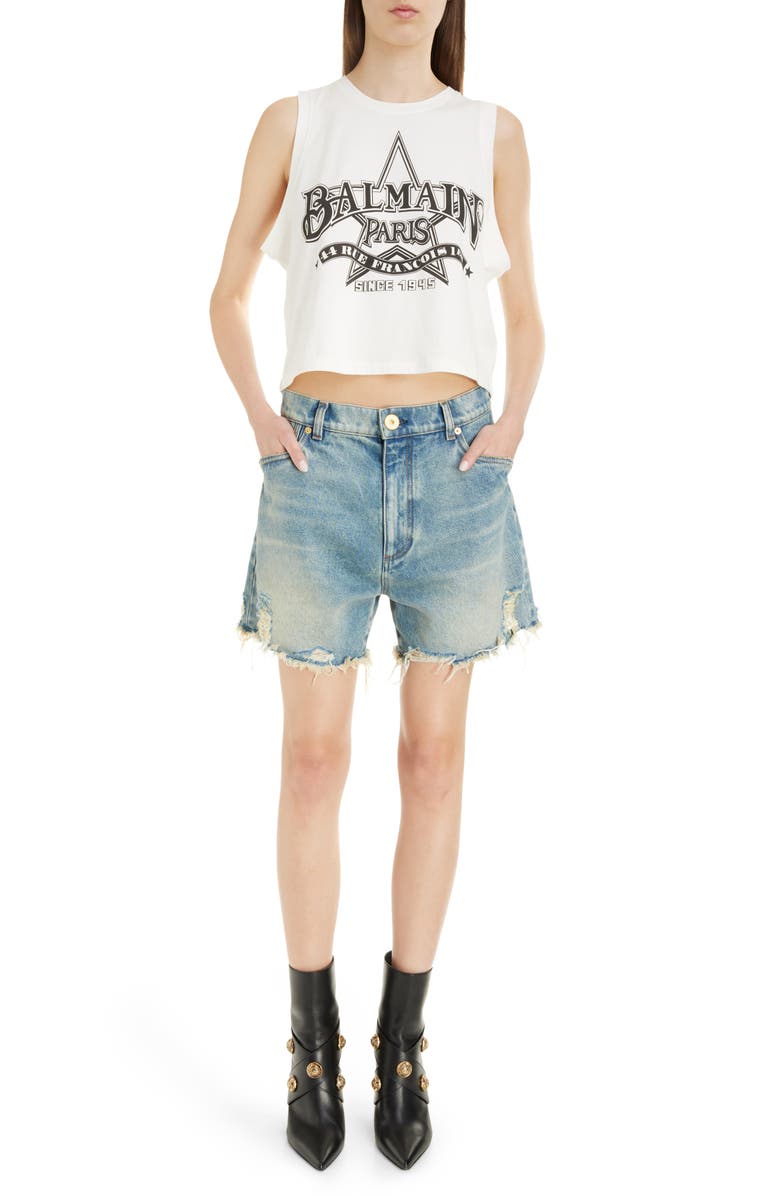Balmain Loose Fit Raw Edge Cutoff Denim Shorts, Alternate, color, 