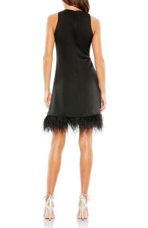 Mac Duggal Feather Hem High Neck A-line Dress In Black