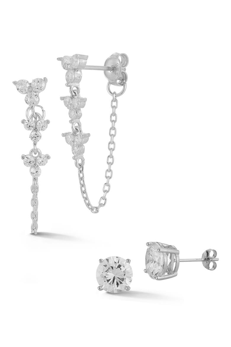 Set of 2 Cubic Zirconia Stud & Chain Drop Earrings, Main, color, SILVER