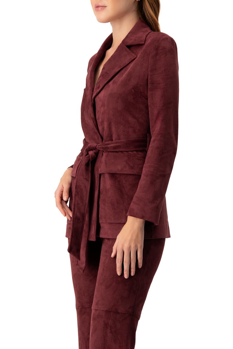 Faux-Suede Blazer with Waist Tie, Alternate, color, Wine