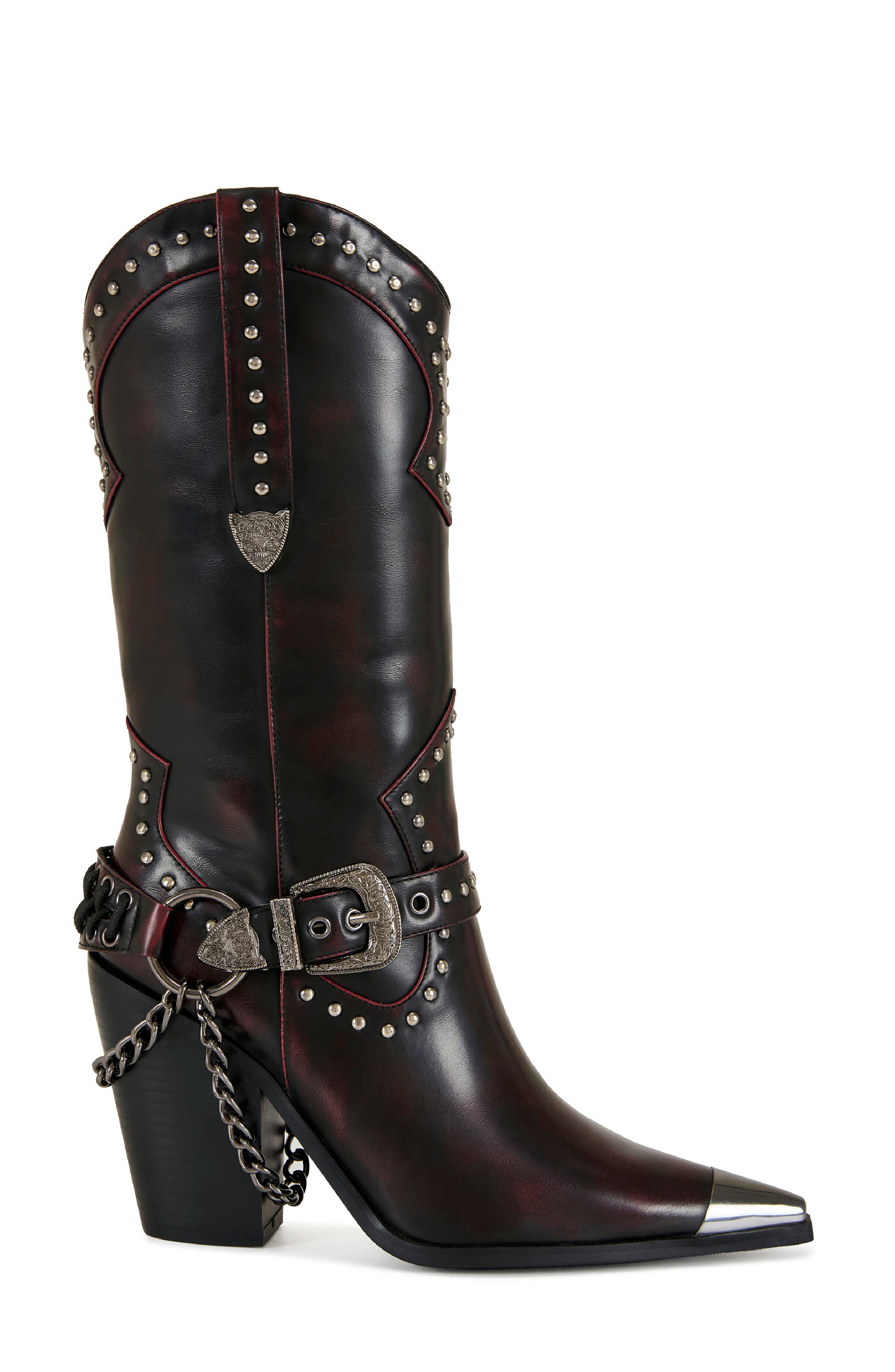 AZALEA WANG Osborn Studded Western Mid Calf Boot, Alternate, color, Wine