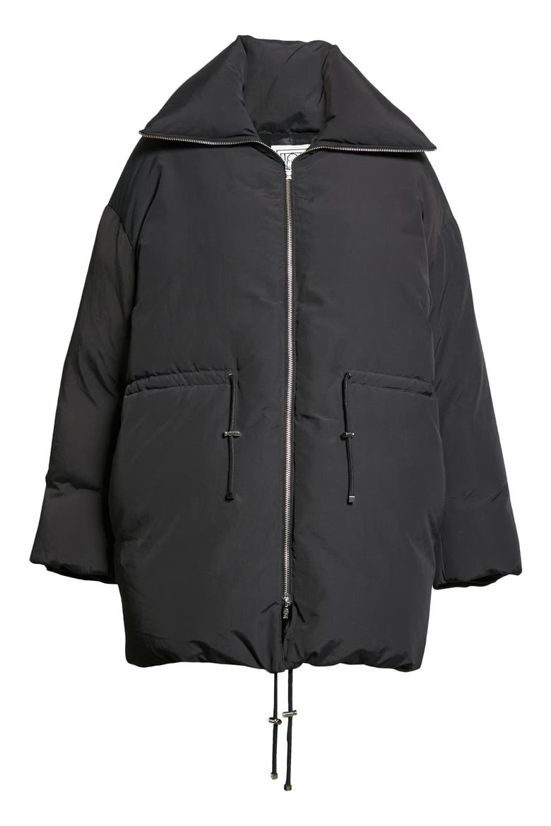 Drawstring Oversize Recycled Nylon Down Jacket, Alternate, color, BLACK