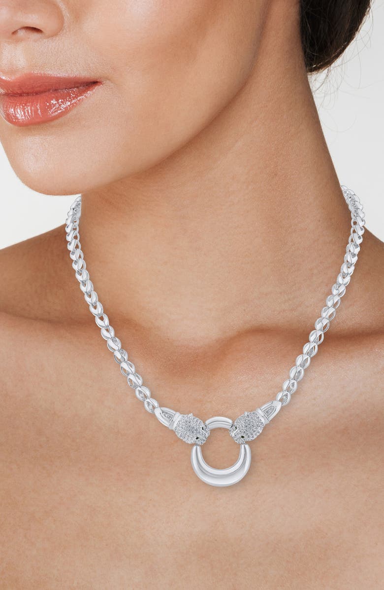 CZ by Kenneth Jay Lane Pavé Cubic Zirconia Panther Head Circle Pendant Necklace, Alternate, color, Clear Silver