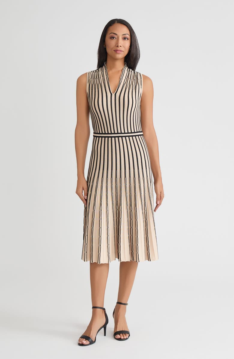 Misook Fit & Flare Sleeveless Striped Soft Ribbed Knit Dress, Main, color, Biscotti/Black