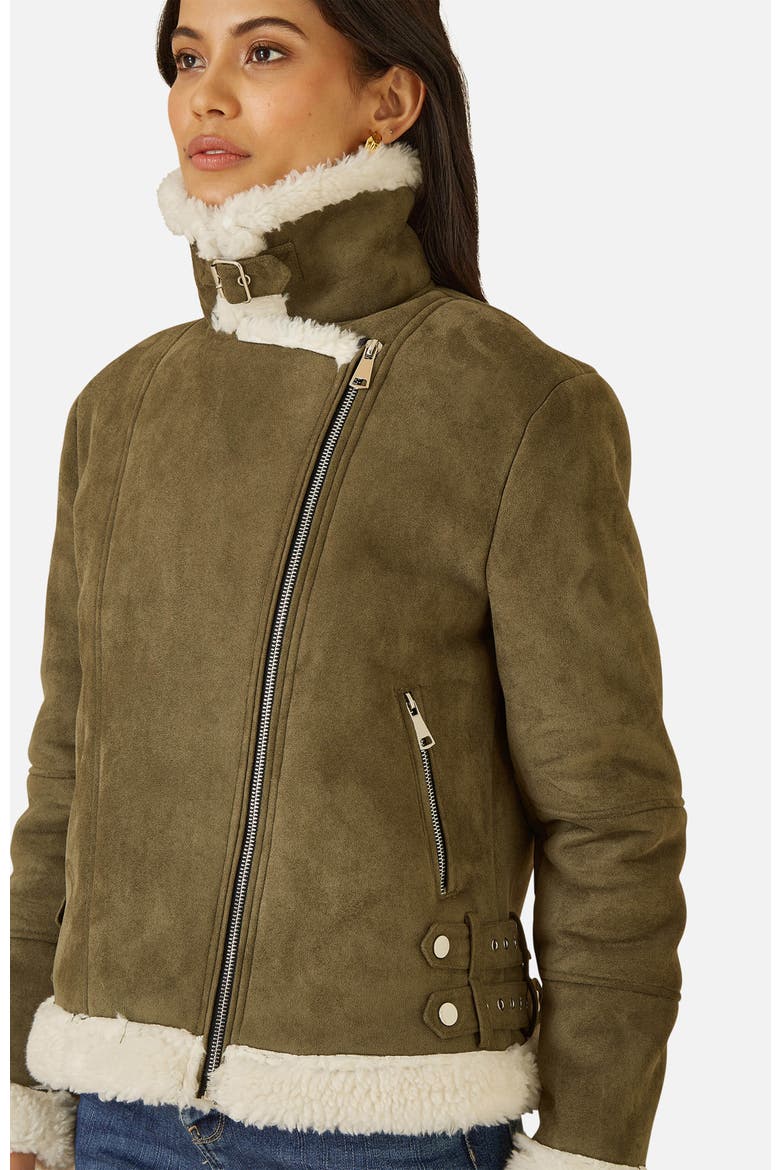 Faux Suede Shearling Biker Jacket, Alternate, color, Green