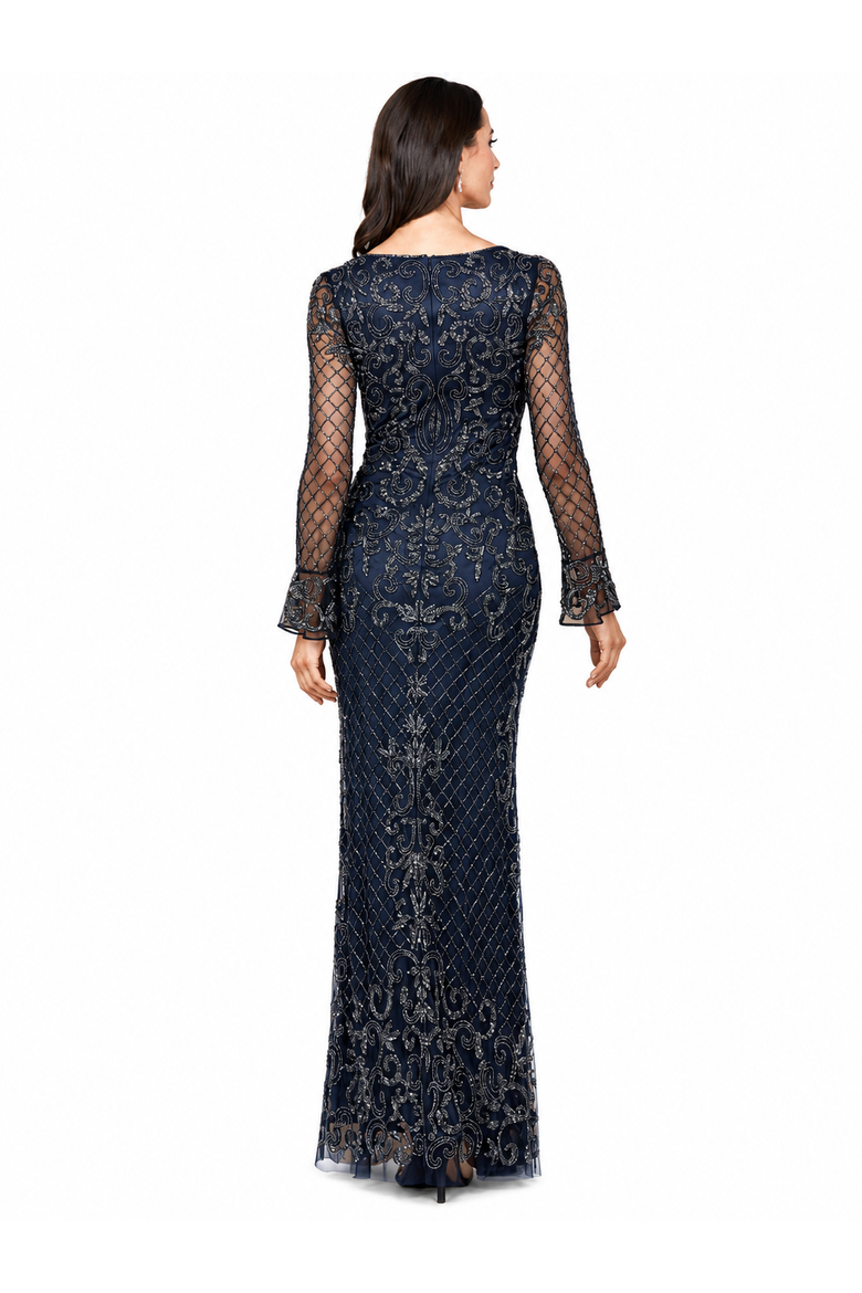 Beaded Long Sleeve V-Neck Gown, Alternate, color, Navy