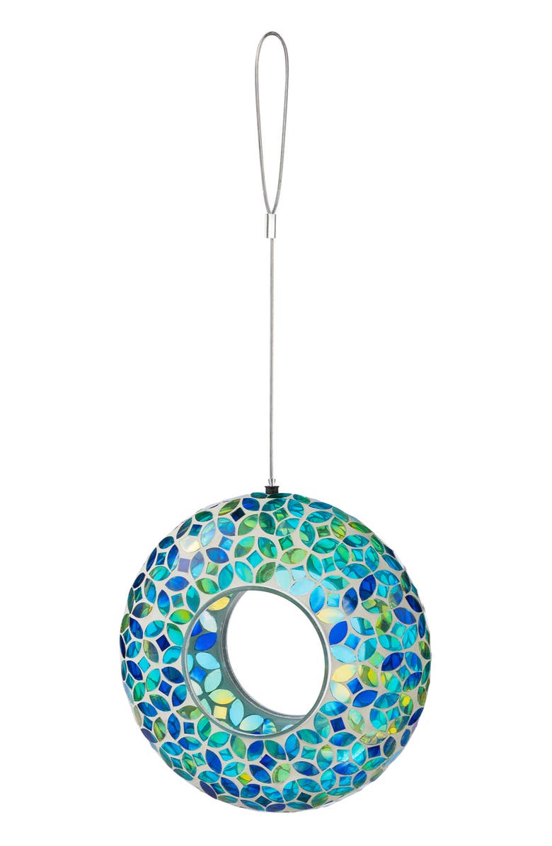 Glitzhome Glass Round Hanging Multi-Color Mosaic Birdfeeders, Main, color, Green