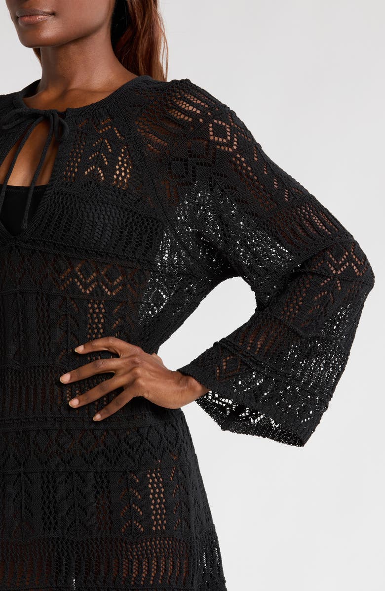 Elan Lace Knit Long Sleeve Cover-Up Midi Dress, Alternate, color, Black