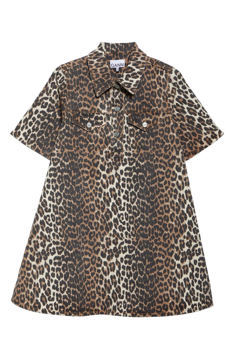 Ganni Leopard Stretch Organic Cotton Denim Minidress, Alternate, color, Leopard