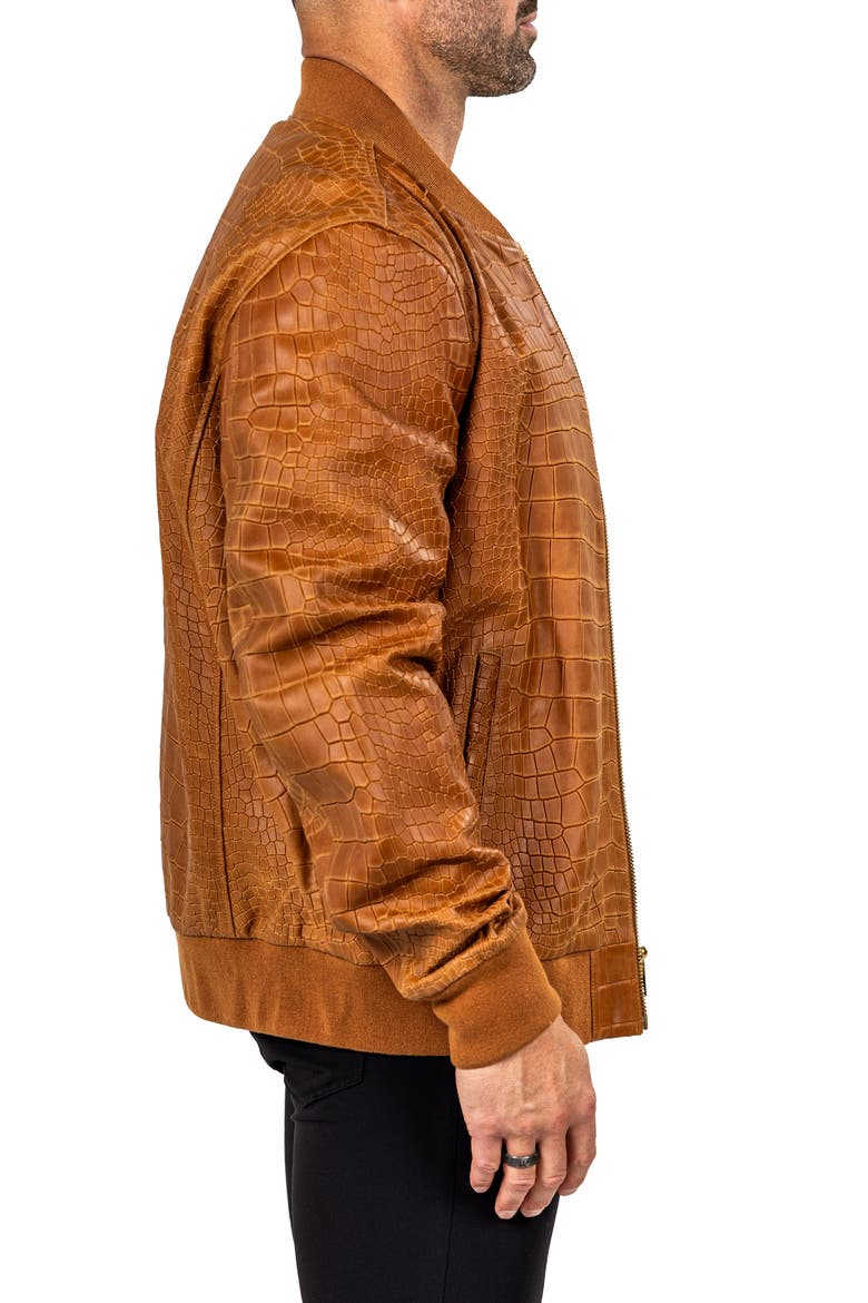 Marthyr Croc Embossed Leather Bomber Jacket, Alternate, color, BROWN