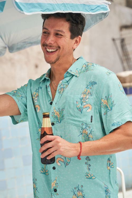 Baja Llama Men's Green Flower Personalities - Nighthawk Button Up In Turquoise