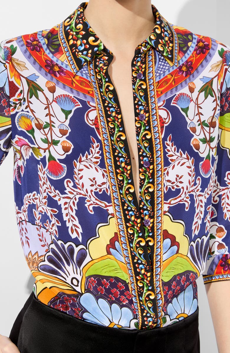 Alice + Olivia Willa Mixed Print Silk Button-Up Shirt, Alternate, color,