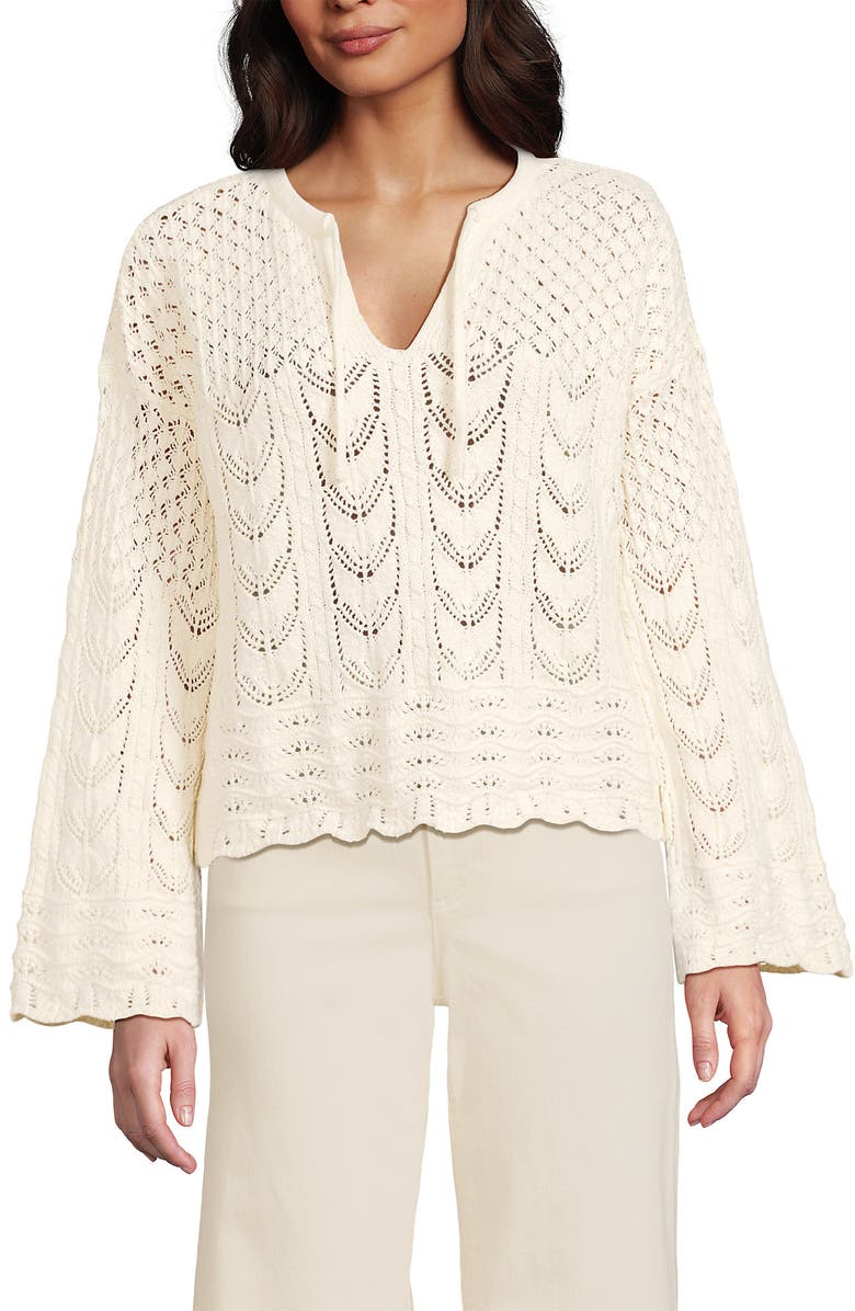 Lands' End Cotton Boucle Pointelle Notch Neck Sweater, Alternate, color, Fresh Ivory